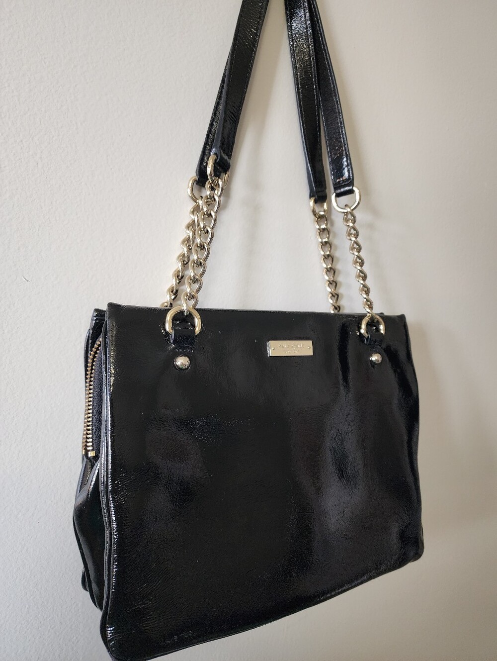Kate Spade New York Black Patent Leather Chain Shoulder Bag Tote - Picture 5 of 14